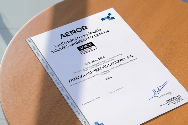ABANCA ha obtenido la certificación del Índice de Buen Gobierno Corporativo (IBGC) de AENOR con el nivel G++, la máxima calificación posible. Este logro respalda el nivel de excelencia del modelo de gobernanza de ABANCA, igualando sus estándares de gestión con las mejores prácticas de las principales entidades cotizadas del país. Tienes todos los detalles en la nota adjunt